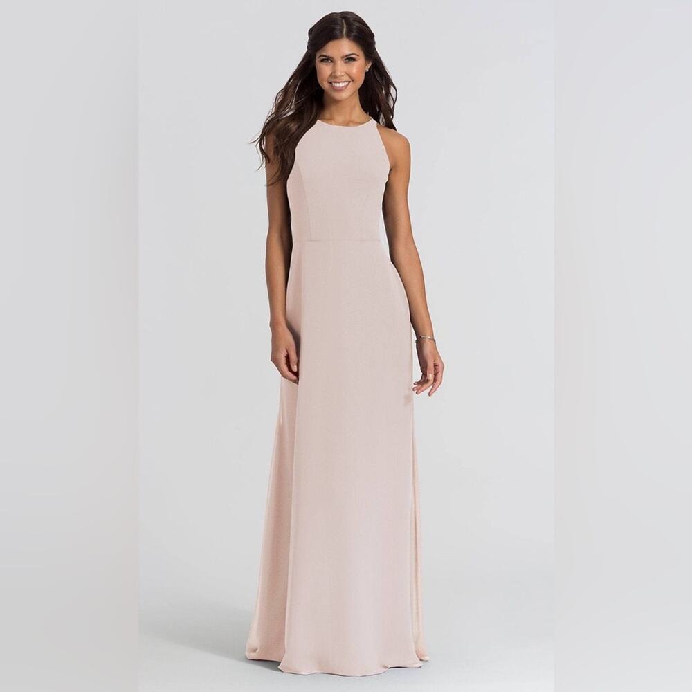 $250 Hayley Paige Bateau-Neck 6 Long Bridesmaid Dress Blush Pink